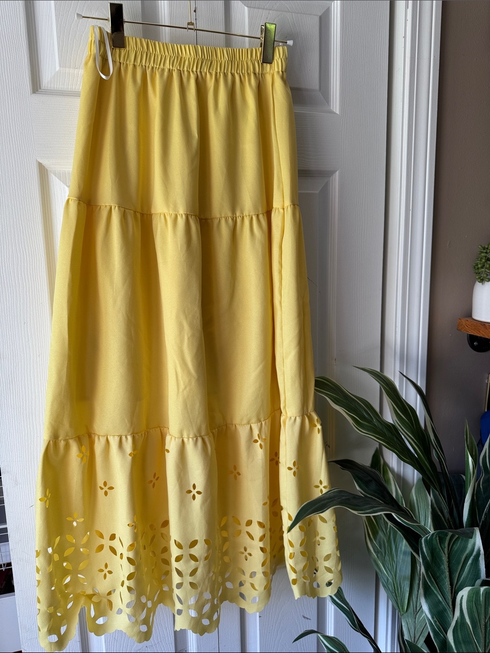 SHEIN Yellow Tiered Eyelet Maxi Skirt